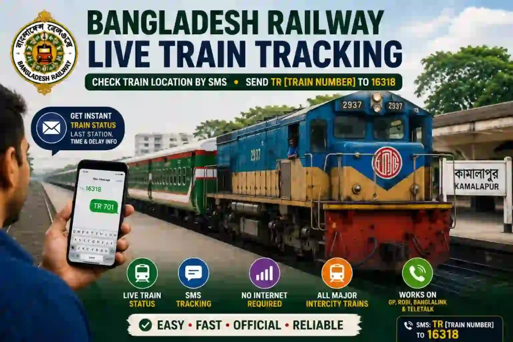 Bangladesh Railway live train tracking guide showing a train at Kamalapur Railway Station with SMS tracking method TR train number to 16318 for checking live train location and status.