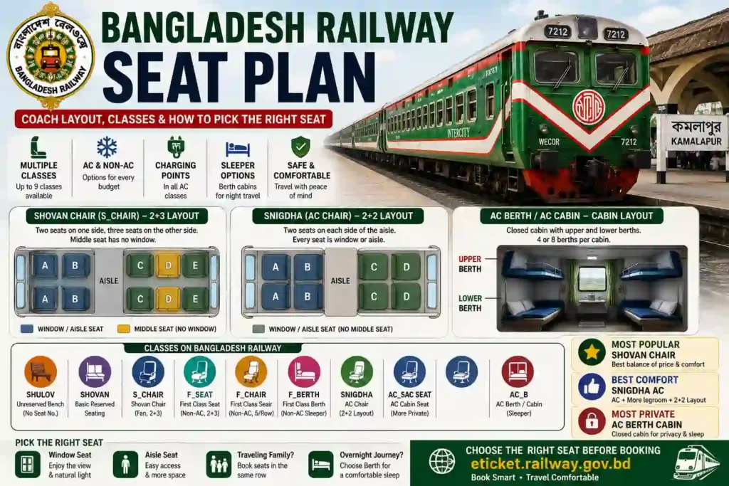 Bangladesh Railway seat plan guide showing Shovan Chair 2+3 layout, Snigdha AC 2+2 layout, AC Berth cabin layout, seat classes, coach arrangement, and tips for choosing the best train seat.