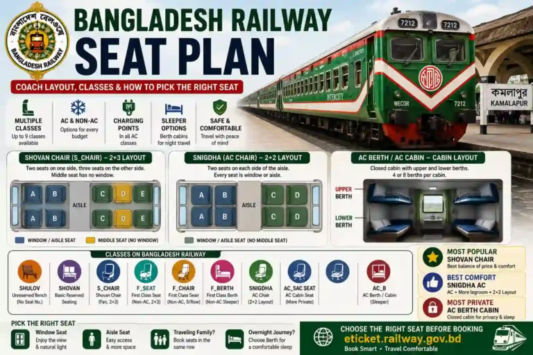 Bangladesh Railway Seat Plan infographic showing train seat classes including Shovan Chair, Snigdha AC, AC Berth Cabin, seating layouts, charging facilities, and coach configuration for intercity trains in Bangladesh.