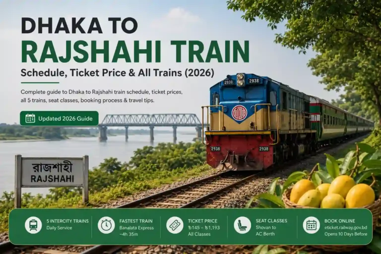 Dhaka to Rajshahi Train 2026 guide showing Bangladesh Railway train, schedule, ticket price, Banalata Express and Rajshahi travel information.