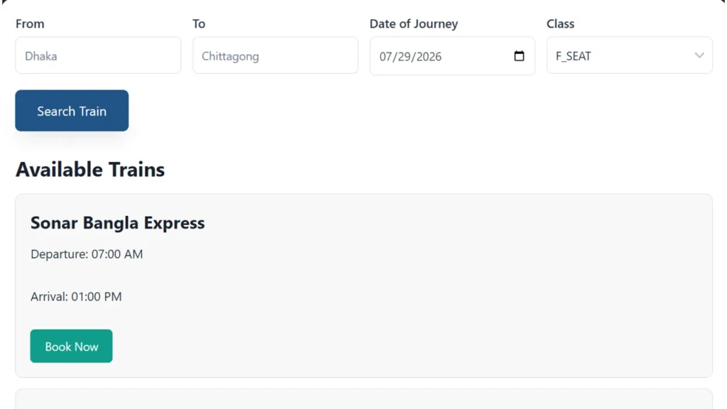 Bangladesh Railway train search form showing departure station, destination, journey date, travel class selection, available train results, and Book Now button for online ticket booking.