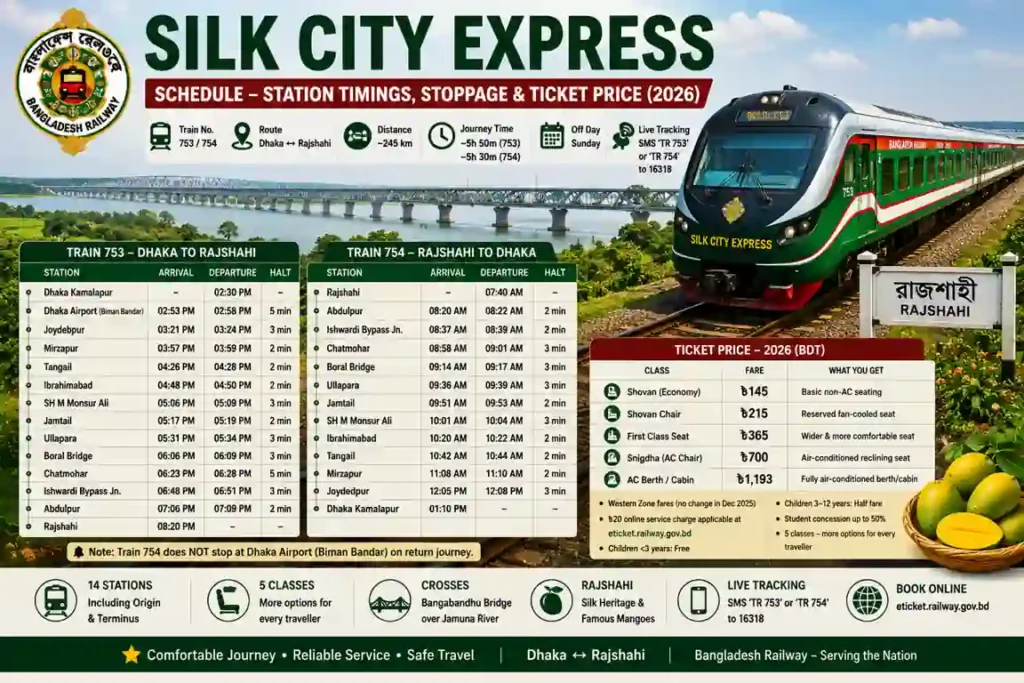 Silk City Express train schedule with station timings, stoppage list and ticket prices between Dhaka and Rajshahi