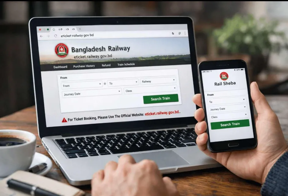 Bangladesh Railway online ticket booking website displayed on laptop and mobile phone using the Rail Sheba app.