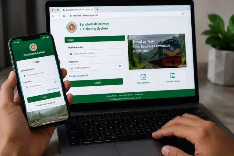 Bangladesh Railway eTicket login page open on laptop and smartphone showing Rail Sheba app login screen with mobile number and password fields for online train ticket booking in Bangladesh.
