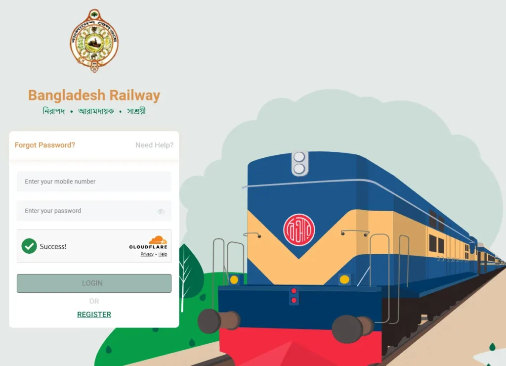 Bangladesh Railway login page showing mobile number and password fields for accessing the online train ticket booking system.
