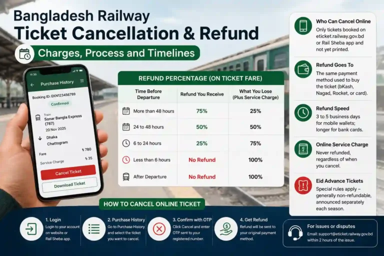 Bangladesh Railway ticket cancellation and refund guide showing refund percentage chart, Rail Sheba app ticket cancellation process, refund rules, charges, timelines, and online ticket cancellation steps for Bangladesh Railway e-ticket users.