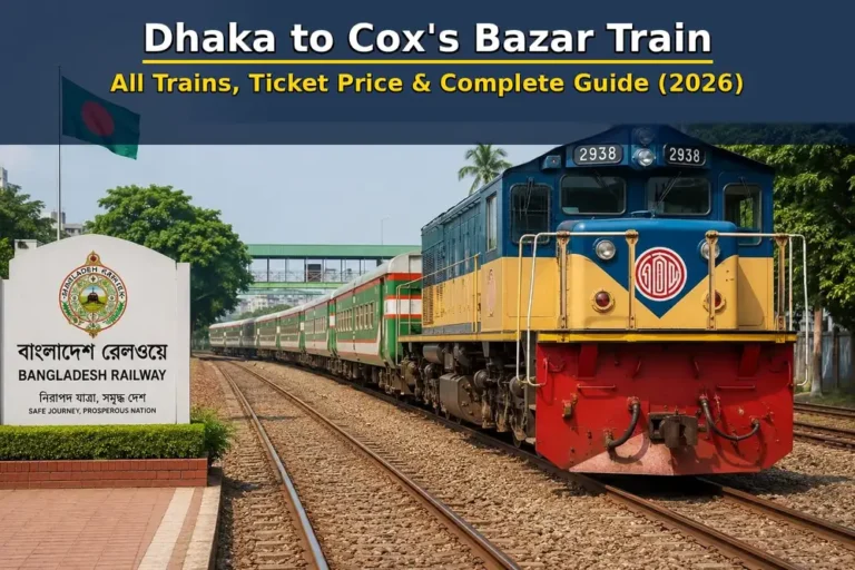 Bangladesh Railway train on track with Bangladesh Railway signboard — Dhaka to Cox's Bazar Train Schedule, Ticket Price and Complete Guide 2026