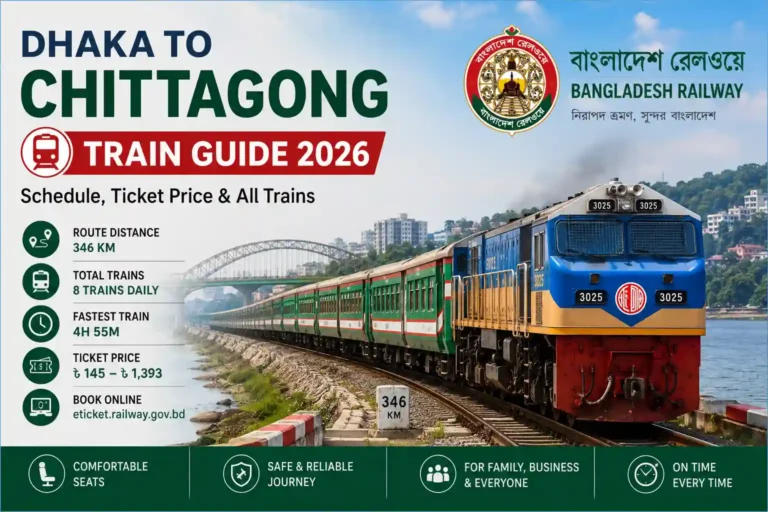 Dhaka to Chittagong Train Guide 2026 showing train schedule, ticket prices, route distance, fastest train information, and Bangladesh Railway locomotive.