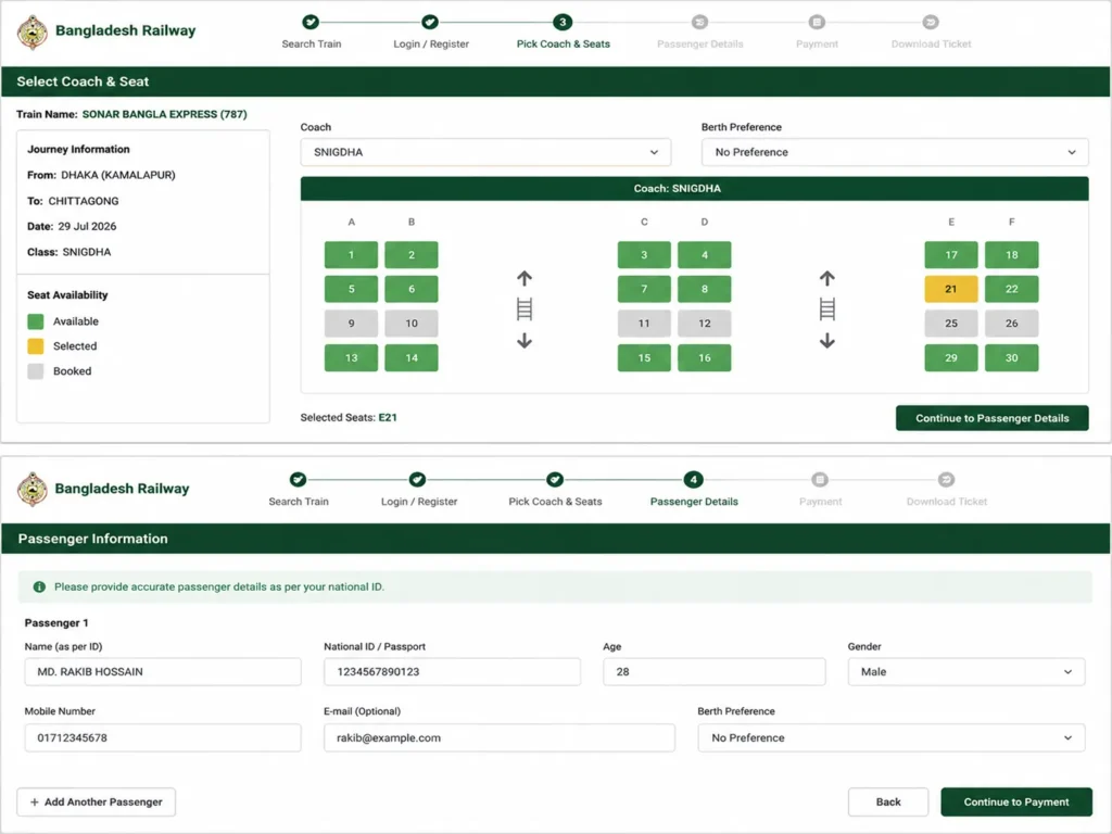 Bangladesh Railway coach and seat selection screen with passenger details form for online train ticket booking.
